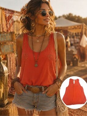 Eyeshadow Y2K Coral Embroidered Floral Tank Top Boho Indie Festival Women S